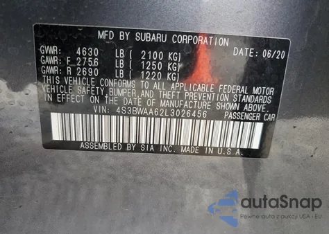 2020 Subaru Legacy from USA, damaged, VIN 4S3BWAA62L3026456